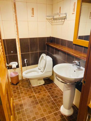 A bathroom with toilet and sink