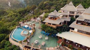 Aerial view of the resort with a swimming pool