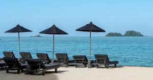 A group of chairs and umbrellas on a beach at The Splash Koh Chang in Koh Chang