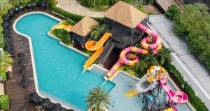 An aerial view of a water park with a water slide at The Splash Koh Chang in Koh Chang