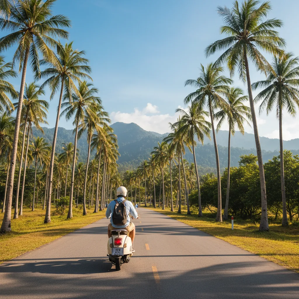 Tourist riding a scooter on a quiet Thai road lined with palm trees