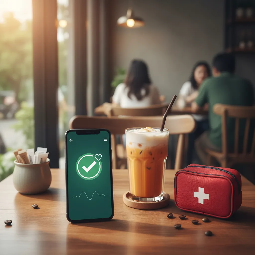 Smartphone showing a medical app on a cafe table